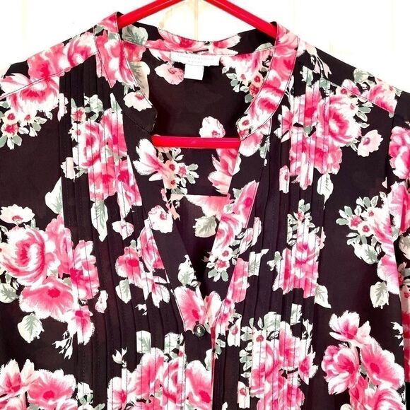BLACK w PINK ROSES BLOUSE by CHARTER CLUB WOMAN 0X - Picture 2 of 5